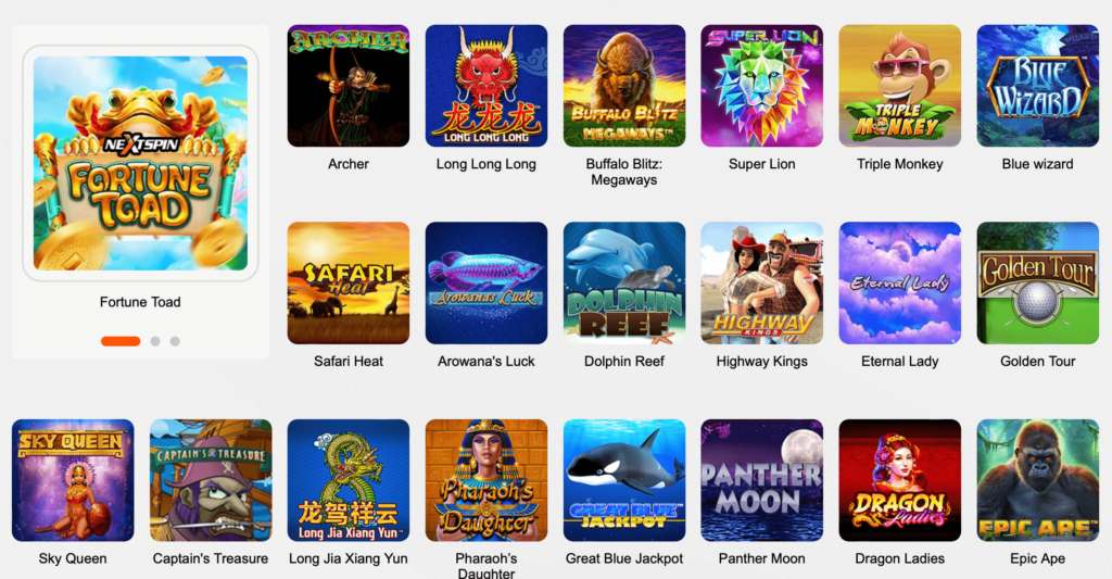 List of slot games available on Play88, including Fortune Toad, Archer, and Long Long Long.