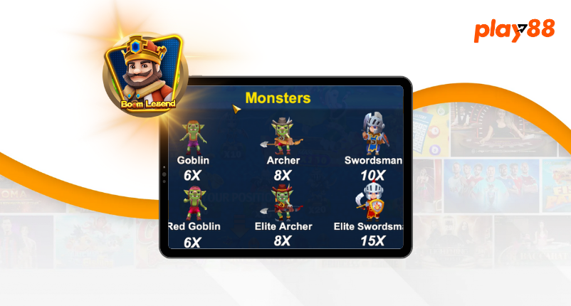 Display of monster characters with multipliers in Boom Legend game on Play88.