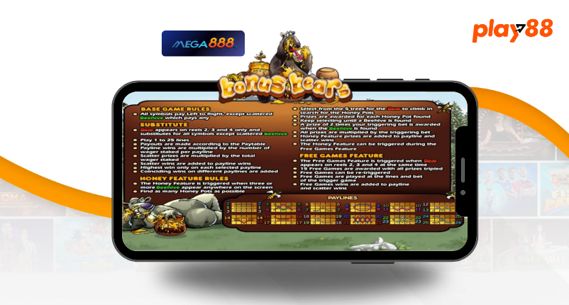 Detailed game instructions for "Bonus Bear" featuring rules and features, set against a vibrant themed background with bear and honey graphics.