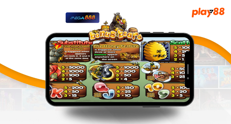 A detailed payout table on a mobile screen for the "Bonus Bear Mega888" slot game showing symbols and their corresponding rewards.