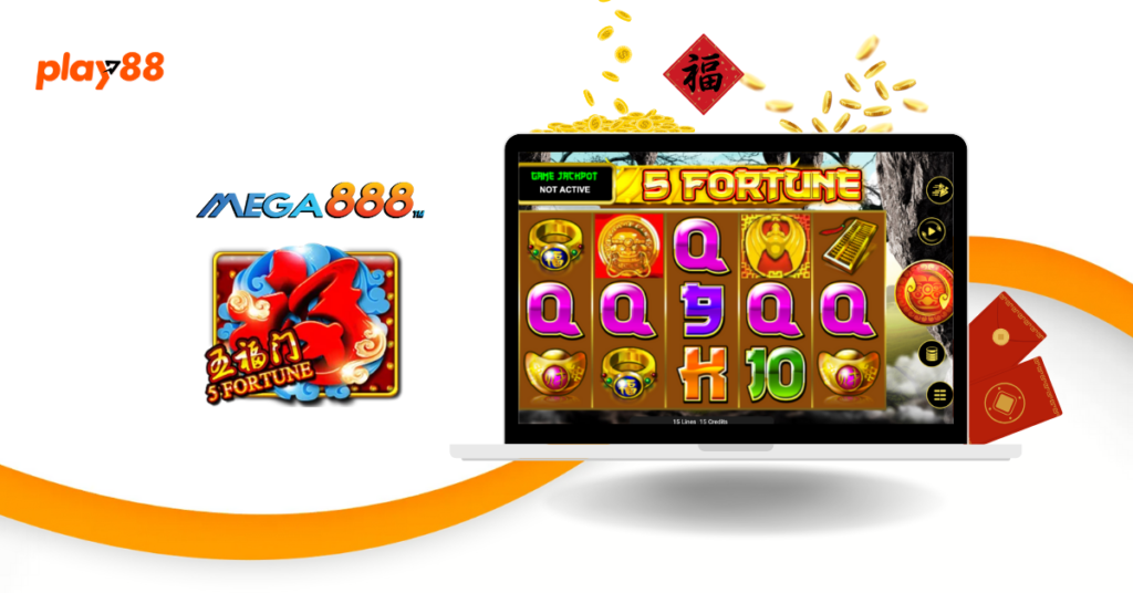 A laptop screen displaying the 5 Fortune slot game by Mega888. The game screen shows colorful icons including gold rings, a golden Buddha, and various letters and numbers. The background features a tree and an ancient Chinese theme. The Play88 and Mega888 logos are visible on the left.