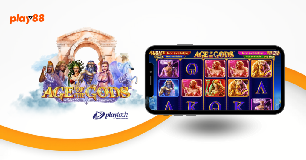Illustration of the 'Age of the Gods' slot game by Playtech, featuring mythological characters and a mobile phone displaying the game's interface.