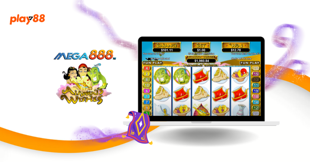 A laptop screen featuring the Aladdin's Wishes slot game by Mega888. The game screen displays icons such as Aladdin, the Genie, and magical lamps, set against a vibrant Arabian Nights theme. The Play88 and Mega888 logos are visible on the left.