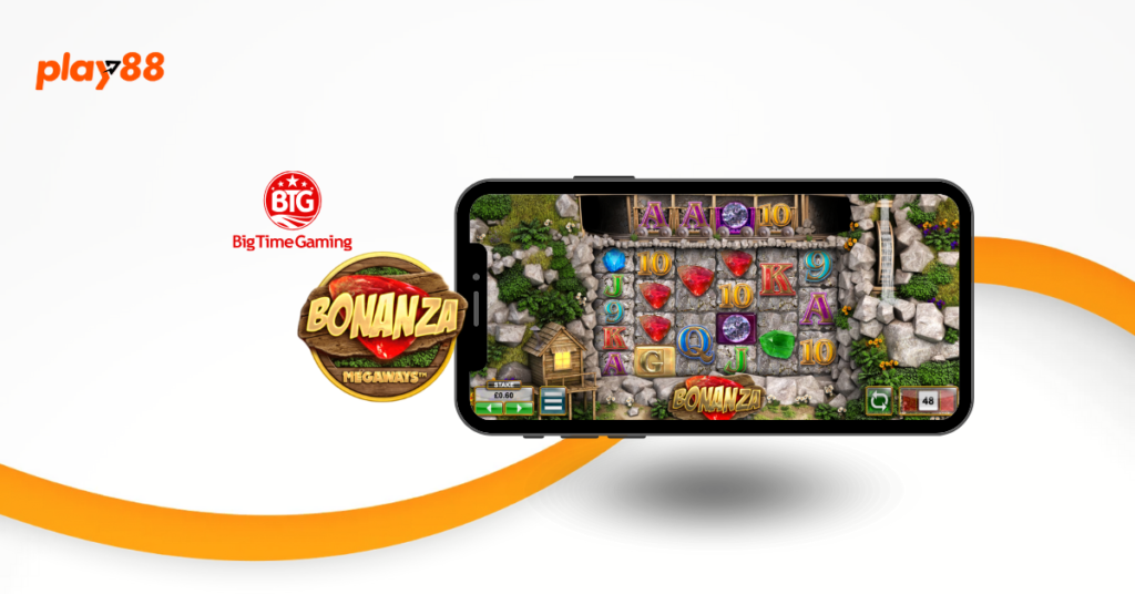 Image showcasing the 'Bonanza Megaways' slot game by Big Time Gaming, with colorful gems and letters on a mobile phone screen.