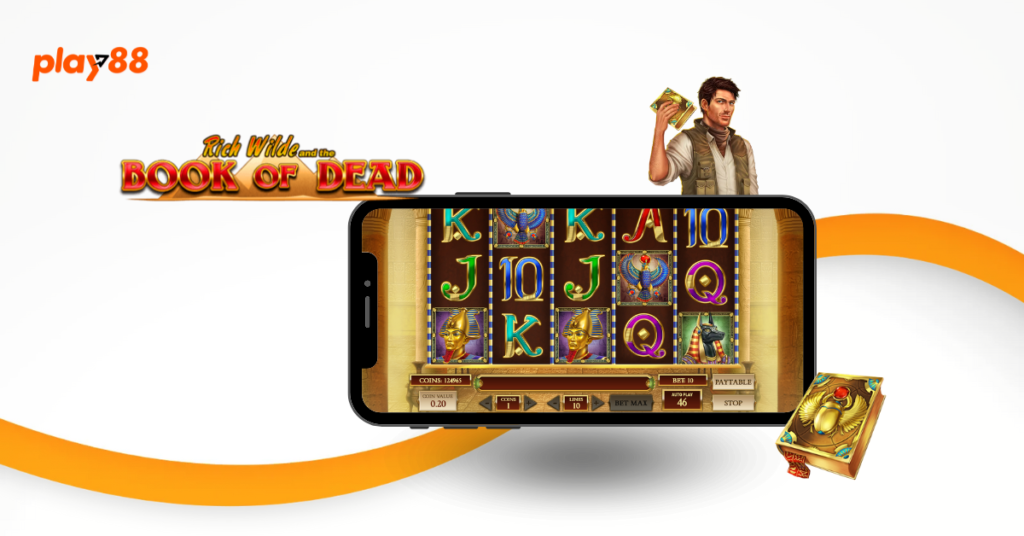 Smartphone showing Book of Dead slot game with Egyptian symbols and Rich Wilde. Play88 logo top left.