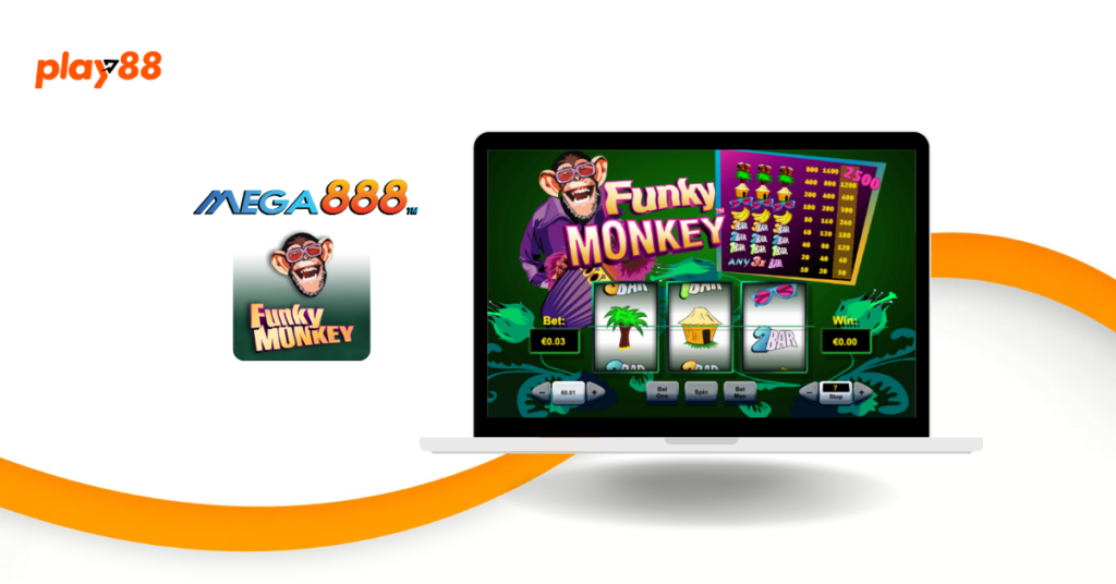 A laptop screen displaying the Funky Monkey slot game by Mega888. The game screen features icons including palm trees, huts, and the funky monkey character, set against a tropical jungle theme. The Play88 and Mega888 logos are visible on the left.