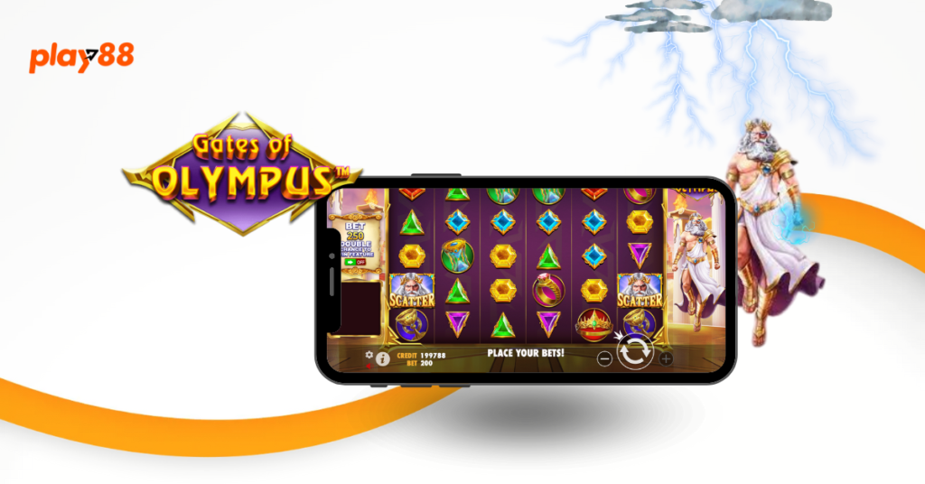 Smartphone displaying Gates of Olympus slot game with Zeus and jewel icons. Play88 logo top left.