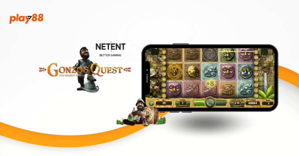 Image of the 'Gonzo's Quest' slot game by NetEnt, showing Gonzo and various ancient symbols on a mobile phone screen.