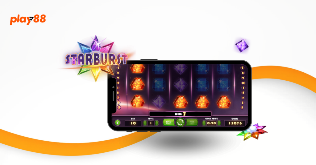 Smartphone featuring Starburst slot game with colorful jewels. Play88 logo top left.
