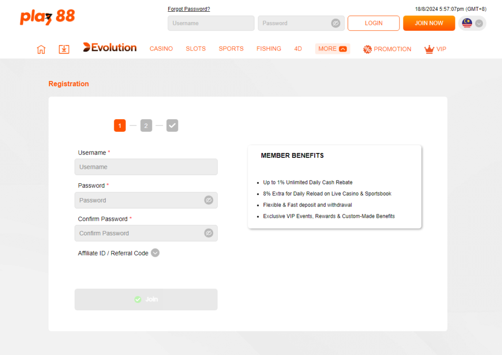 Visit the Play88 website and click the "Join Now" button to create your account.