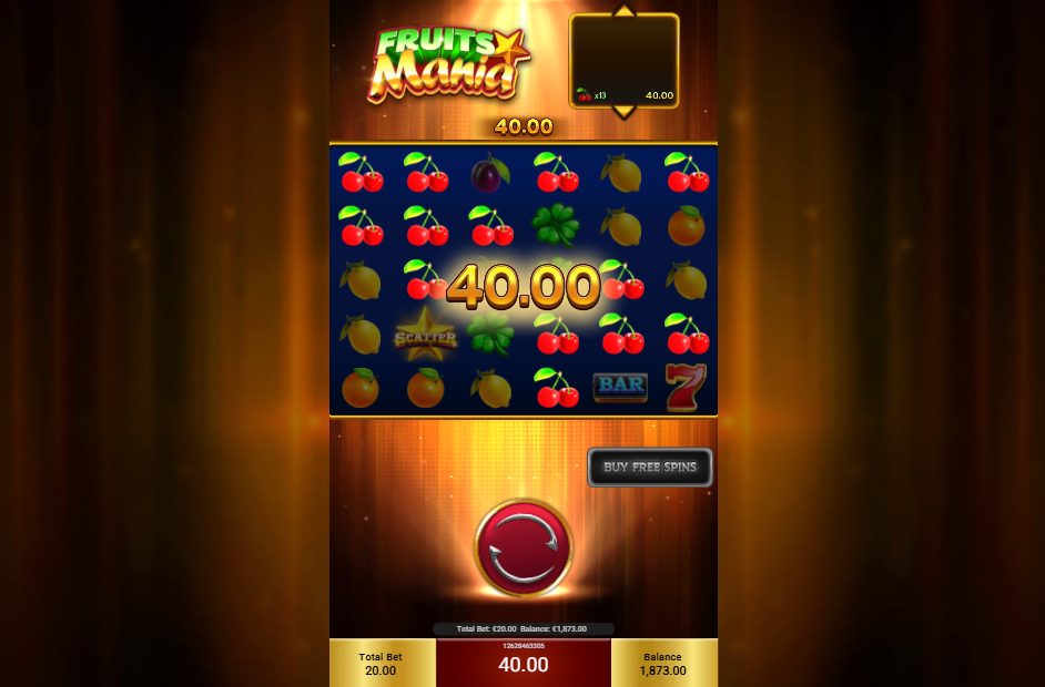 Play88 Fruits Mania game featuring cascading symbols, where winning clusters disappear to make way for new symbols and additional win opportunities.