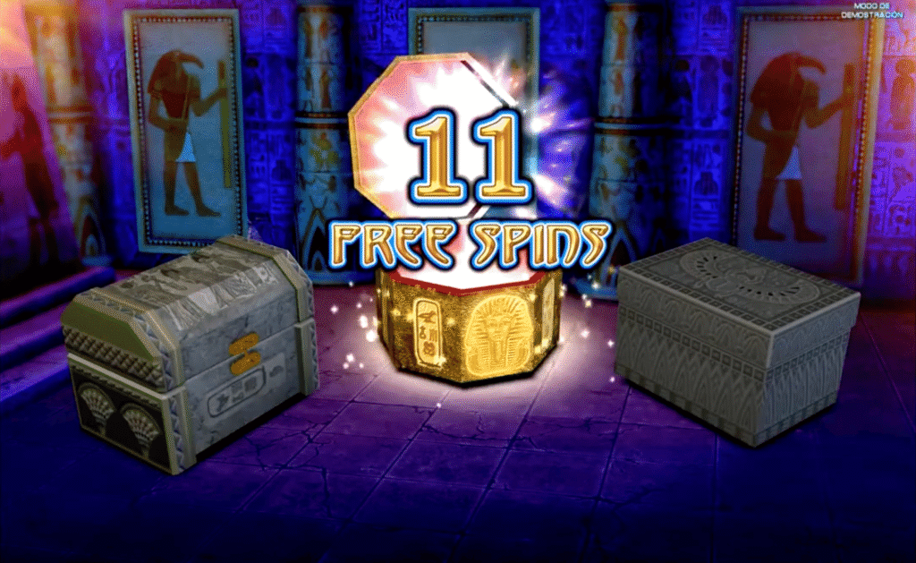 Slot bonus screen showing “11 Free Spins” with golden chest and Egyptian murals in a blue-lit temple room.