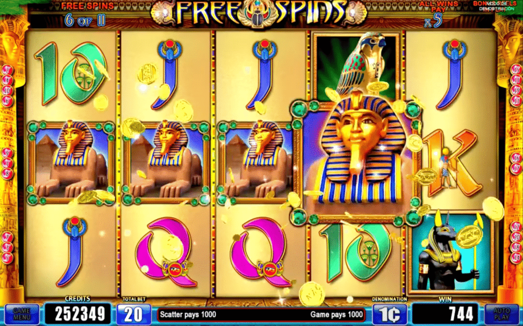 Colourful slot reels spinning with Pharaoh, falcon, and symbols during free spins, gold coins flying across the screen.