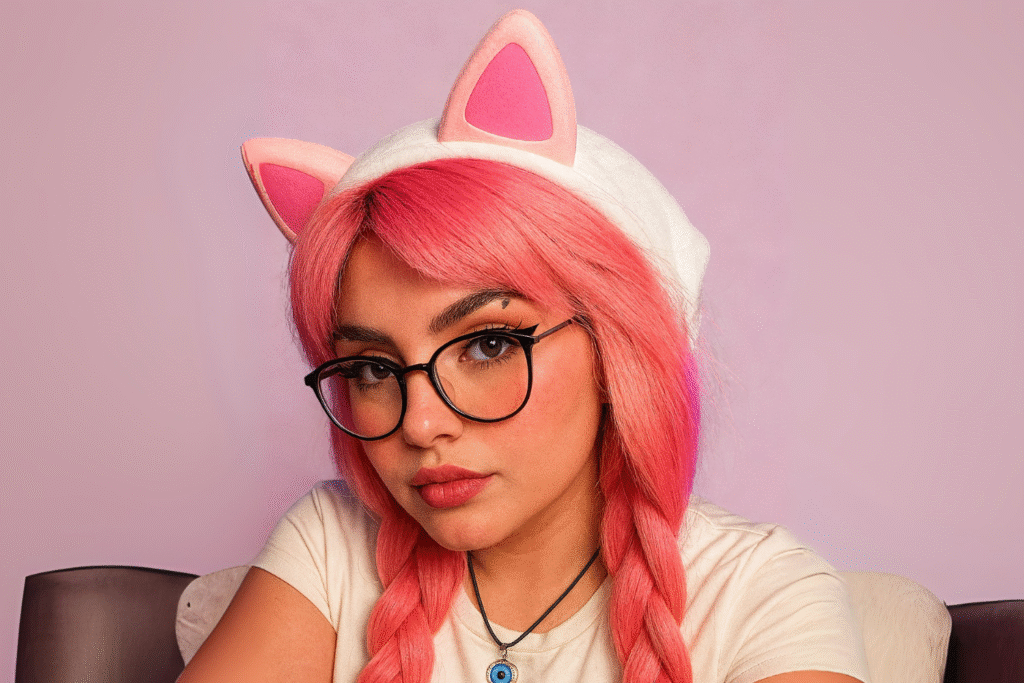 Depiction of Play88Beila with striking pink hair, glasses and blue eye necklace.