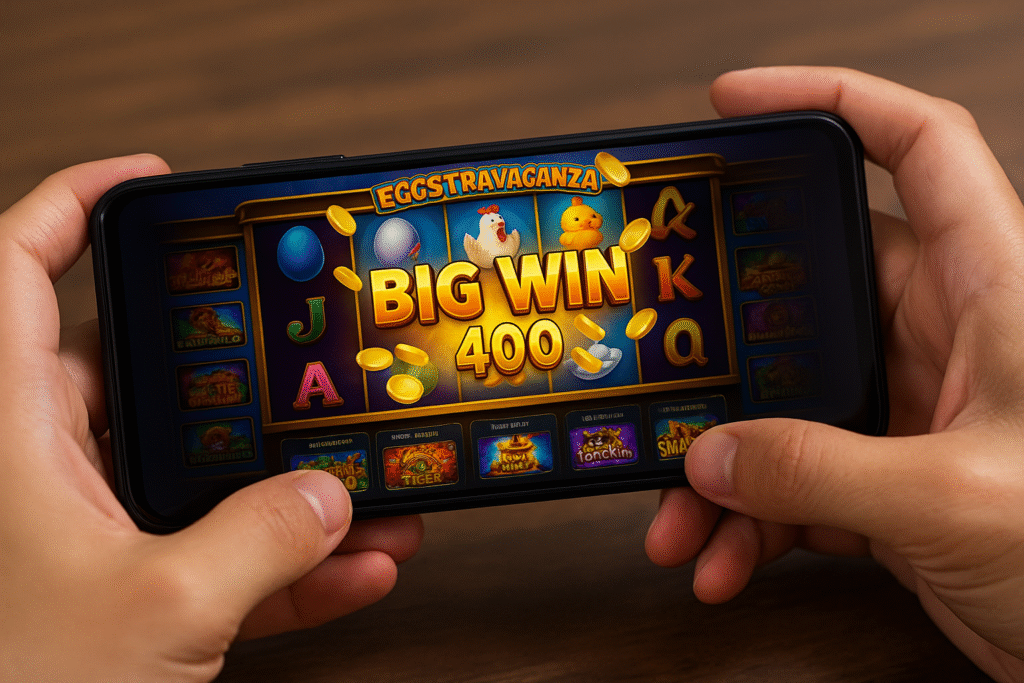 play88beila-2 - Play88 Official Site Hands holding a smartphone showing an online slot game screen and other slot games.