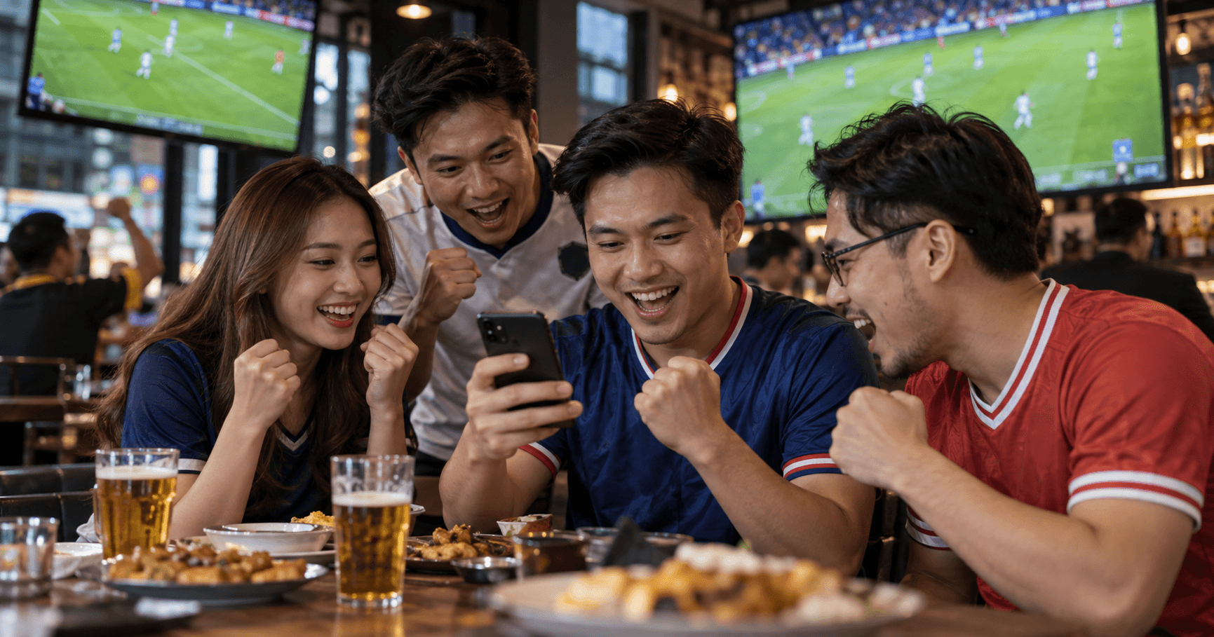 Friends watching live football while checking match updates on a smartphone