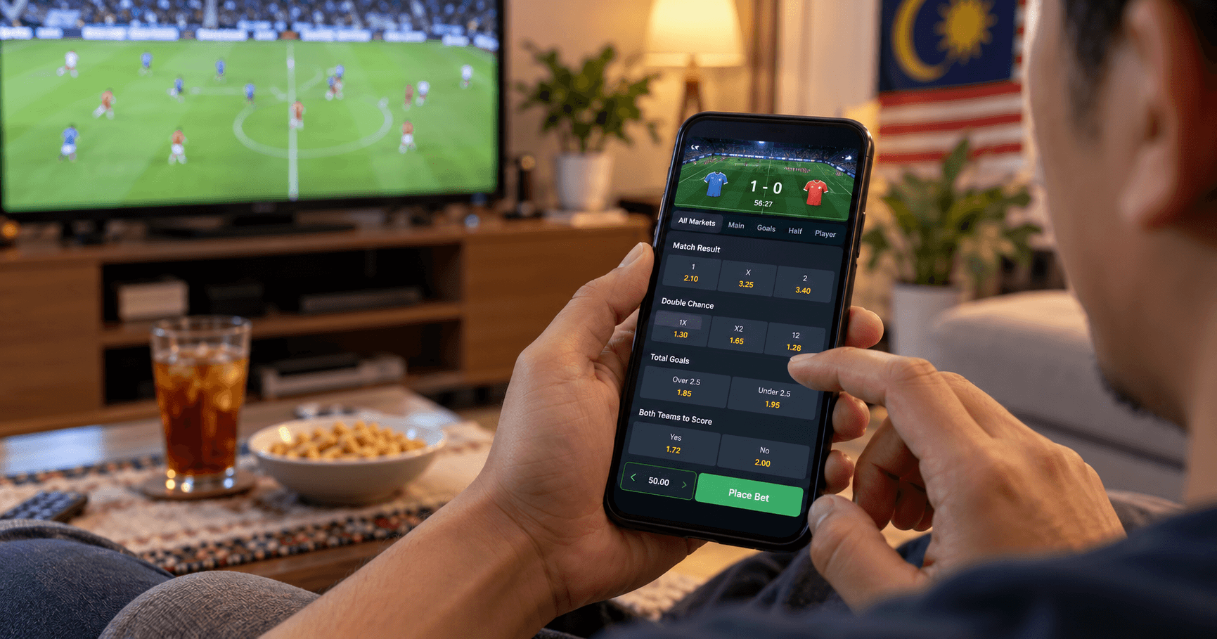 Football betting odds and live match markets displayed on a mobile phone